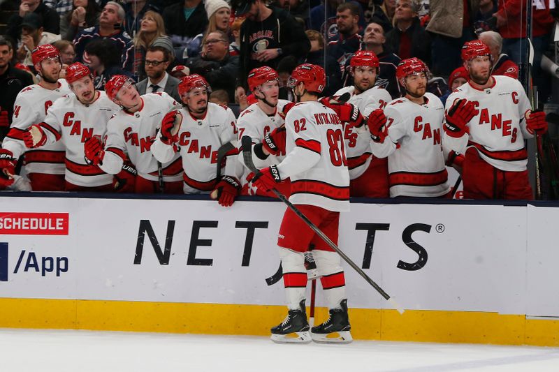 Dec 31, 2024; Columbus, Ohio, USA; Carolina Hurricanes center Jesperi Kotkaniemi (82) celebrates his goal against the Columbus Blue Jackets during the second period at Nationwide Arena. Mandatory Credit: Russell LaBounty-Imagn Images