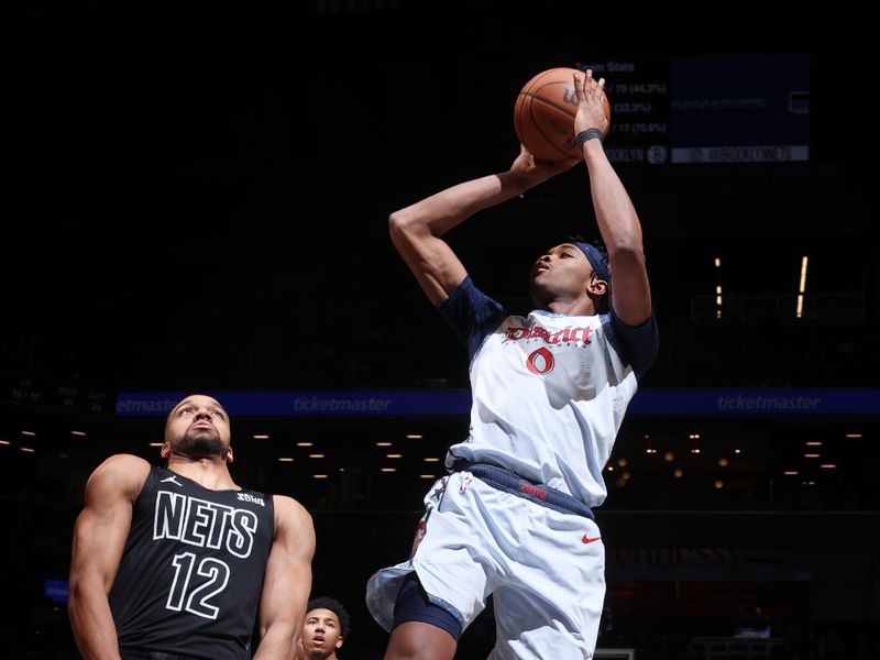 BROOKLYN, NY - FEBRUARY 5: Bilal Coulibaly #0 of the Washington Wizards shoots the ball during the game against the Brooklyn Nets on February 5, 2025 at Barclays Center in Brooklyn, New York. NOTE TO USER: User expressly acknowledges and agrees that, by downloading and or using this Photograph, user is consenting to the terms and conditions of the Getty Images License Agreement. Mandatory Copyright Notice: Copyright 2025 NBAE (Photo by Nathaniel S. Butler/NBAE via Getty Images)