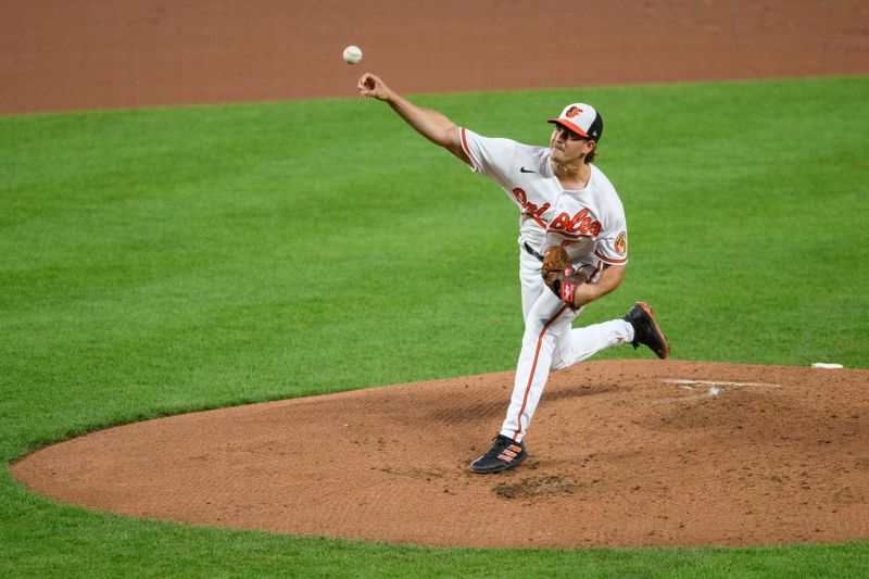 Aug 29, 2023; Baltimore, Maryland, USA; Baltimore Orioles starting pitcher Dean Kremer (64) pitches during the third inning against the Chicago White Sox at Oriole Park at Camden Yards. Mandatory Credit: Reggie Hildred-USA TODAY Sports