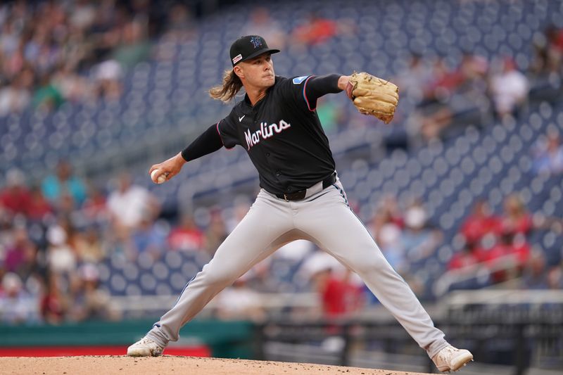 Jun 14, 2024; Washington, District of Columbia, USA; Miami Marlins starting pitcher Shaun Anderson (48) throws the ball against the Washington Nationals during the first inning at Nationals Park. Mandatory Credit: Amber Searls-USA TODAY Sports