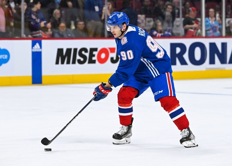 Mar 9, 2023; Montreal, Quebec, CAN; Montreal Canadiens center Anthony Richard (90) skates with a puck at his first warm-up after being called back from the AHL before the game against the New York Rangers at Bell Centre. Mandatory Credit: David Kirouac-USA TODAY Sports