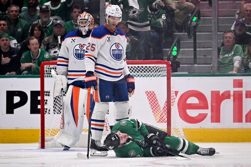 May 23, 2025; Dallas, Texas, USA; Dallas Stars center Roope Hintz (24) reacts after being injured against the Edmonton Oilers in the third period for game two of the Western Conference Final of the 2025 Stanley Cup Playoffs at American Airlines Center. Mandatory Credit: Jerome Miron-Imagn Images