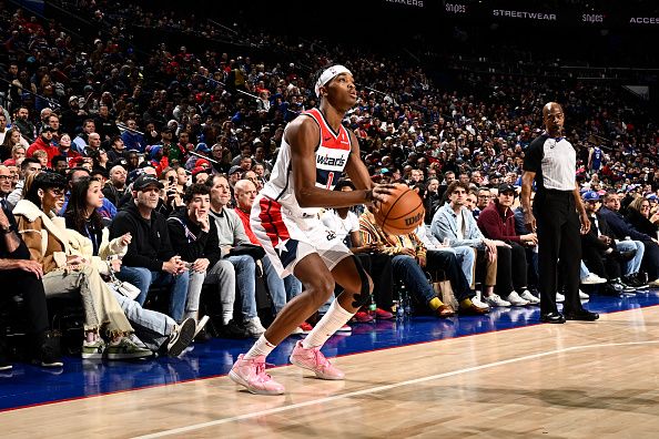 PHILADELPHIA, PA - DECEMBER 11: Bilal Coulibaly #0 of the Washington Wizards shoots the ball during the game against the Philadelphia 76ers on December 11, 2023 at the Wells Fargo Center in Philadelphia, Pennsylvania NOTE TO USER: User expressly acknowledges and agrees that, by downloading and/or using this Photograph, user is consenting to the terms and conditions of the Getty Images License Agreement. Mandatory Copyright Notice: Copyright 2023 NBAE (Photo by David Dow/NBAE via Getty Images)