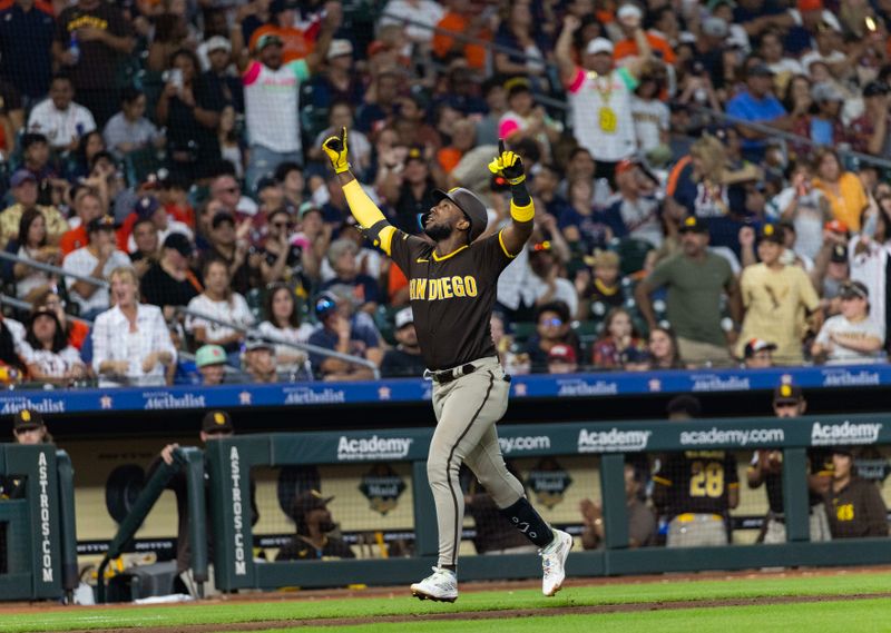 Sep 9, 2023; Houston, Texas, USA; San Diego Padres first baseman Jurickson Profar (10) reacts as he rounds the bases after hitting a two run home run against Houston Astros starting pitcher Cristian Javier (53) (not pictured) in the fourth inning at Minute Maid Park. Mandatory Credit: Thomas Shea-USA TODAY Sports