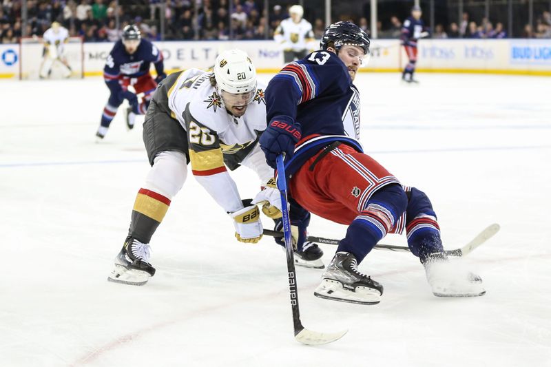 Jan 26, 2024; New York, New York, USA; Vegas Golden Knights center Chandler Stephenson (20) collides with New York Rangers left wing Alexis Lafreniere (13) in the first period at Madison Square Garden. Mandatory Credit: Wendell Cruz-USA TODAY Sports