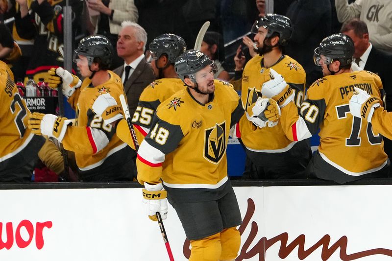 Oct 22, 2024; Las Vegas, Nevada, USA; Vegas Golden Knights center Tomas Hertl (48) celebrates after scoring a goal against the Los Angles Kings during the first period at T-Mobile Arena. Mandatory Credit: Stephen R. Sylvanie-Imagn Images