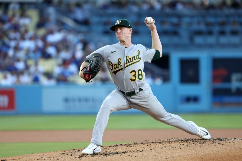 Aug 3, 2023; Los Angeles, California, USA; Oakland Athletics starting pitcher JP Sears (38) pitches during the first inning against the Los Angeles Dodgers at Dodger Stadium. Mandatory Credit: Kiyoshi Mio-USA TODAY Sports