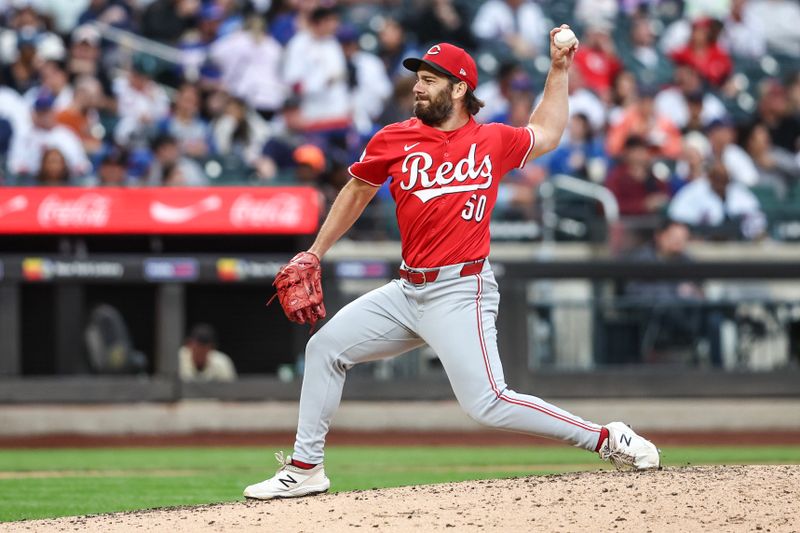 Sep 7, 2024; New York City, New York, USA; Cincinnati Reds relief pitcher Sam Moll (50) pitches in the sixth inning against the New York Mets at Citi Field. Mandatory Credit: Wendell Cruz-Imagn Images