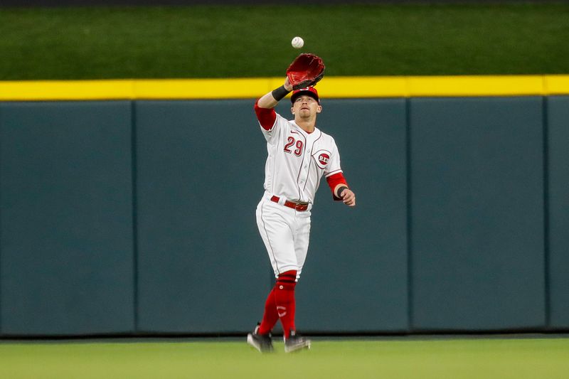 Apr 18, 2023; Cincinnati, Ohio, USA; Cincinnati Reds center fielder TJ Friedl (29) catches a pop up hit by Tampa Bay Rays designated hitter Harold Ramirez (not pictured) in the ninth inning at Great American Ball Park. Mandatory Credit: Katie Stratman-USA TODAY Sports