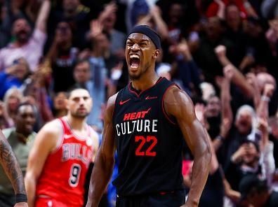 MIAMI, FLORIDA - DECEMBER 16: Jimmy Butler #22 of the Miami Heat reacts after making a game winning basket against the Chicago Bulls at Kaseya Center on December 16, 2023 in Miami, Florida. NOTE TO USER: User expressly acknowledges and agrees that, by downloading and or using this photograph, User is consenting to the terms and conditions of the Getty Images License Agreement. (Photo by Megan Briggs/Getty Images)