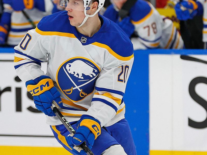 Jan 25, 2025; Edmonton, Alberta, CAN; Buffalo Sabres forward Jiri Kulich (20) looks to make a pass against the Edmonton Oilers at Rogers Place. Mandatory Credit: Perry Nelson-Imagn Images