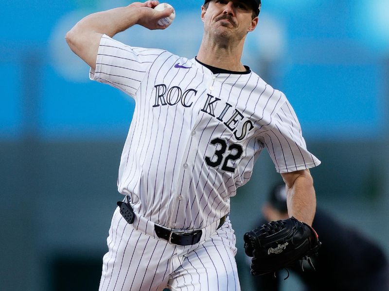 May 7, 2024; Denver, Colorado, USA; Colorado Rockies starting pitcher Dakota Hudson (32) pitches in the first inning against the San Francisco Giants at Coors Field. Mandatory Credit: Isaiah J. Downing-USA TODAY Sports