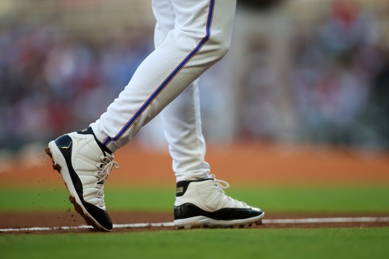 Aug 3, 2024; Atlanta, Georgia, USA; A detailed view of the cleats of Atlanta Braves right fielder Jorge Soler (2) against the Miami Marlins in the first inning at Truist Park. Mandatory Credit: Brett Davis-USA TODAY Sports
