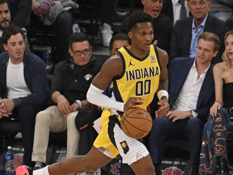 NEW YORK, NY - MAY 29:  Bennedict Mathurin #00 of the Indiana Pacers dribbles the ball during the game against the New York Knicks during Game 5 of the 2025 Eastern Conference Finals on May 29, 2025 at Madison Square Garden in New York City, New York.  NOTE TO USER: User expressly acknowledges and agrees that, by downloading and or using this photograph, User is consenting to the terms and conditions of the Getty Images License Agreement. Mandatory Copyright Notice: Copyright 2025 NBAE  (Photo by David Dow/NBAE via Getty Images)