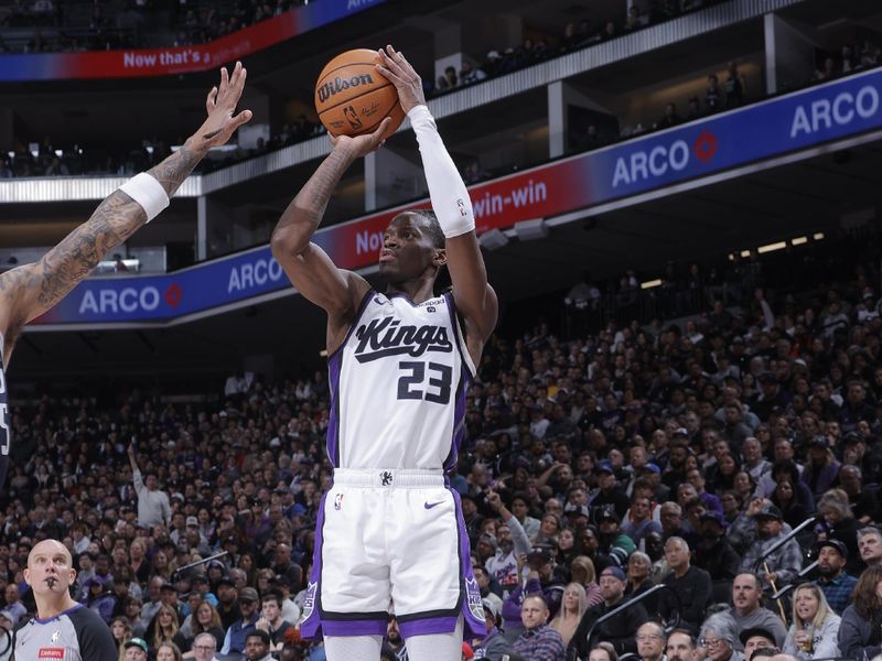 SACRAMENTO, CA - MARCH 29:  Keon Ellis #23 of the Sacramento Kings shoots a 3-point basket during the game  on March 29, 2024 at Golden 1 Center in Sacramento, California. NOTE TO USER: User expressly acknowledges and agrees that, by downloading and or using this Photograph, user is consenting to the terms and conditions of the Getty Images License Agreement. Mandatory Copyright Notice: Copyright 2024 NBAE (Photo by Rocky Widner/NBAE via Getty Images)