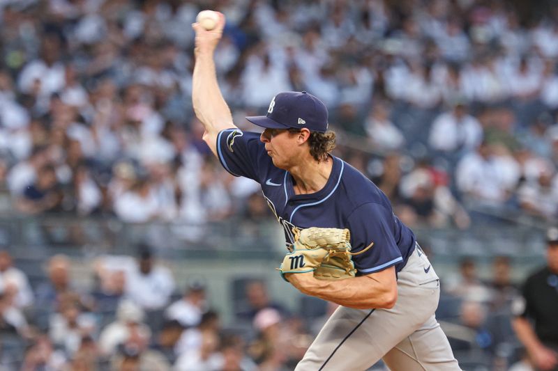May 2, 2025; Bronx, New York, USA; Tampa Bay Rays starting pitcher Ryan Pepiot (44) delivers a pitch during the first inning against the New York Yankees during the first inning at Yankee Stadium. Mandatory Credit: Vincent Carchietta-Imagn Images