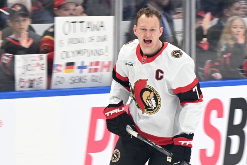 Feb 28, 2026; Toronto, Ontario, CAN;  Ottawa Senators forward Brady Tkachuk (7) warms up before playing the Toronto Maple Leafs at Scotiabank Arena. Mandatory Credit: Dan Hamilton-Imagn Images
