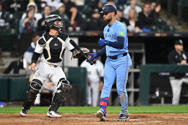May 28, 2024; Chicago, Illinois, USA;  Toronto Blue Jays outfielder Kevin Kiermaier (39) flips his bat after striking out to end the fourth inning against the Chicago White Sox at Guaranteed Rate Field. Mandatory Credit: Jamie Sabau-USA TODAY Sports