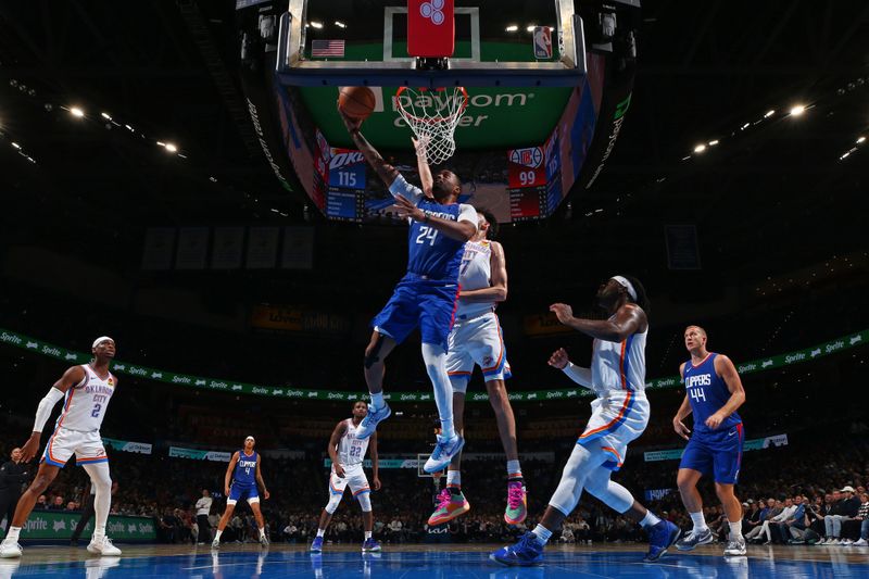 OKLAHOMA CITY, OK - FEBRUARY 22: Norman Powell #24 of the LA Clippers drives to the basket during the game against the Oklahoma City Thunder on February 22SF, 2024 at Paycom Arena in Oklahoma City, Oklahoma. NOTE TO USER: User expressly acknowledges and agrees that, by downloading and or using this photograph, User is consenting to the terms and conditions of the Getty Images License Agreement. Mandatory Copyright Notice: Copyright 2024 NBAE (Photo by Zach Beeker/NBAE via Getty Images)