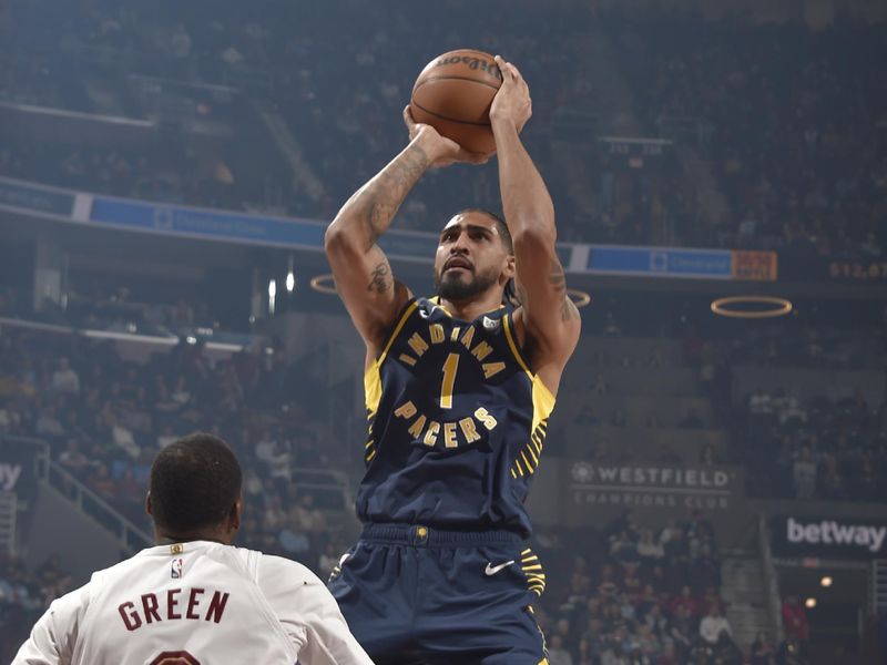 CLEVELAND, OH - APRIL 13:  Obi Toppin #1 of the Indiana Pacers shoots the ball during the game against the Cleveland Cavaliers on April 13, 2025 at Rocket Arena in Cleveland, Ohio. NOTE TO USER: User expressly acknowledges and agrees that, by downloading and/or using this Photograph, user is consenting to the terms and conditions of the Getty Images License Agreement. Mandatory Copyright Notice: Copyright 2025 NBAE (Photo by David Liam Kyle/NBAE via Getty Images)