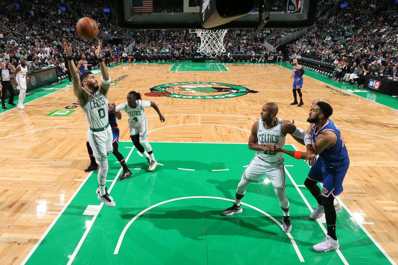 BOSTON, MA - MAY 5: Jayson Tatum #0 of the Boston Celtics rebounds the ball during the game against the New York Knicks during Game 1 of the 2025 NBA Eastern Conference Semifinals of the 2025 NBA Playoffs on May 5, 2025 at TD Garden in Boston, Massachusetts. NOTE TO USER: User expressly acknowledges and agrees that, by downloading and/or using this Photograph, user is consenting to the terms and conditions of the Getty Images License Agreement. Mandatory Copyright Notice: Copyright 2025 NBAE (Photo by Nathaniel S. ButlerNBAE via Getty Images)