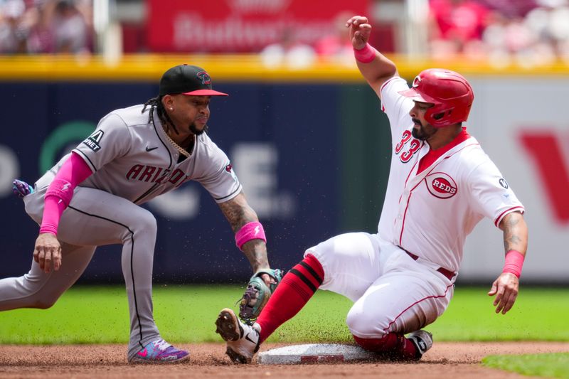 Jun 8, 2025; Cincinnati, Ohio, USA; Cincinnati Reds first baseman Christian Encarnacion-Strand (33) advances to second base ahead of the tag by Arizona Diamondbacks second baseman Ketel Marte (4) in the second inning at Great American Ball Park. Mandatory Credit: Aaron Doster-Imagn Images