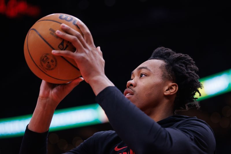 TORONTO, CANADA - JANUARY 15: Scottie Barnes #4 of the Toronto Raptors warms up ahead of their NBA game against the Boston Celtics at Scotiabank Arena on January 15, 2024 in Toronto, Canada. NOTE TO USER: User expressly acknowledges and agrees that, by downloading and or using this photograph, User is consenting to the terms and conditions of the Getty Images License Agreement. (Photo by Cole Burston/Getty Images)