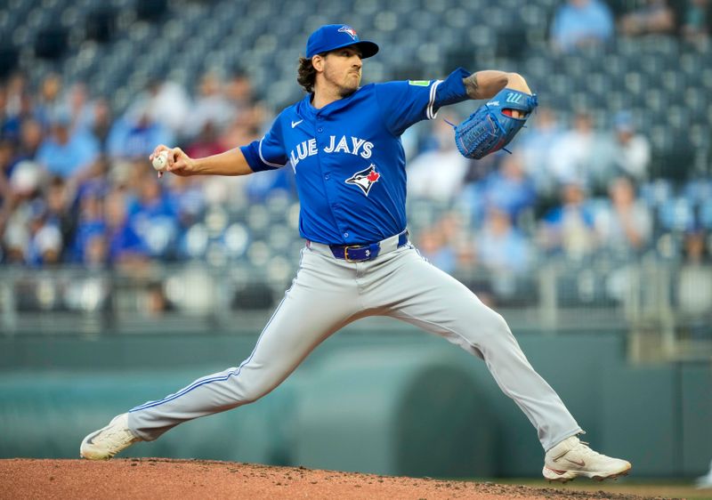 Apr 23, 2024; Kansas City, Missouri, USA; Toronto Blue Jays pitcher Kevin Gausman (34) pitches during the second inning against the Kansas City Royals at Kauffman Stadium. Mandatory Credit: Jay Biggerstaff-USA TODAY Sports