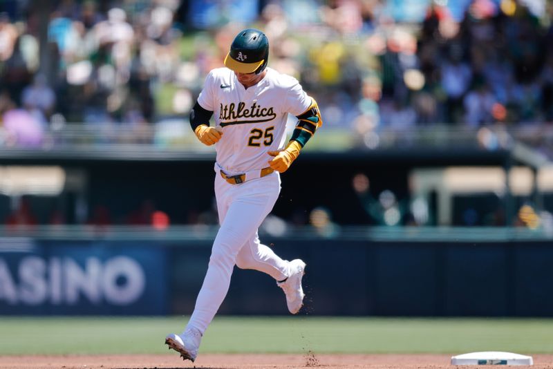 May 22, 2025; West Sacramento, California, USA; Athletics right fielder Brent Rooker (25) runs the bases after hitting a two run home run during the first inning against the Los Angeles Angels at Sutter Health Park. Mandatory Credit: Sergio Estrada-Imagn Images