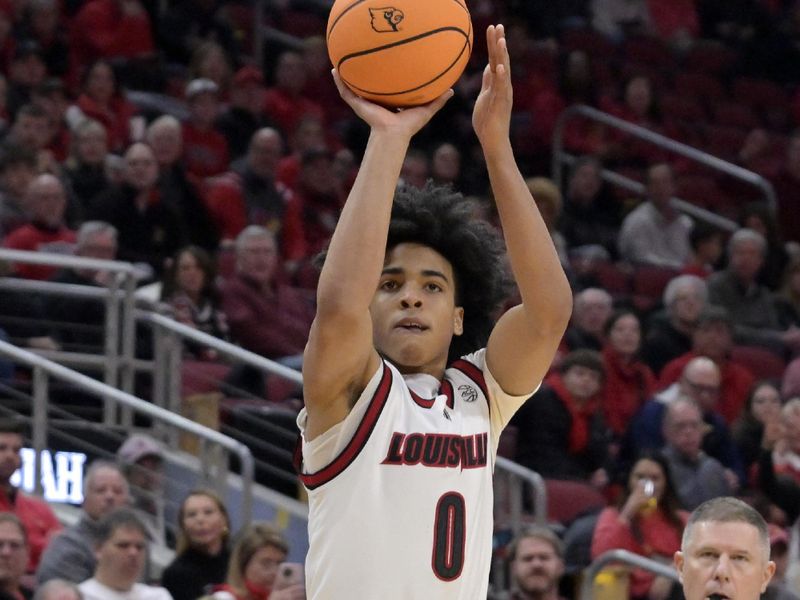 Jan 24, 2026; Louisville, Kentucky, USA;  Louisville Cardinals guard Mikel Brown Jr. (0) shoots against the Virginia Tech Hokies during the first half at KFC Yum! Center. Mandatory Credit: Jamie Rhodes-Imagn Images