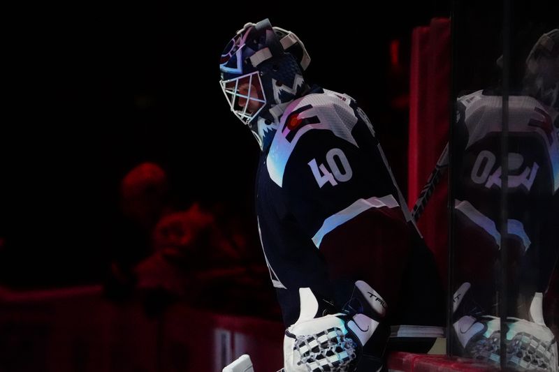 Apr 7, 2024; Denver, Colorado, USA; Colorado Avalanche goaltender Alexandar Georgiev (40) takes to the ice before the game against the Dallas Stars at Ball Arena. Mandatory Credit: Ron Chenoy-USA TODAY Sports