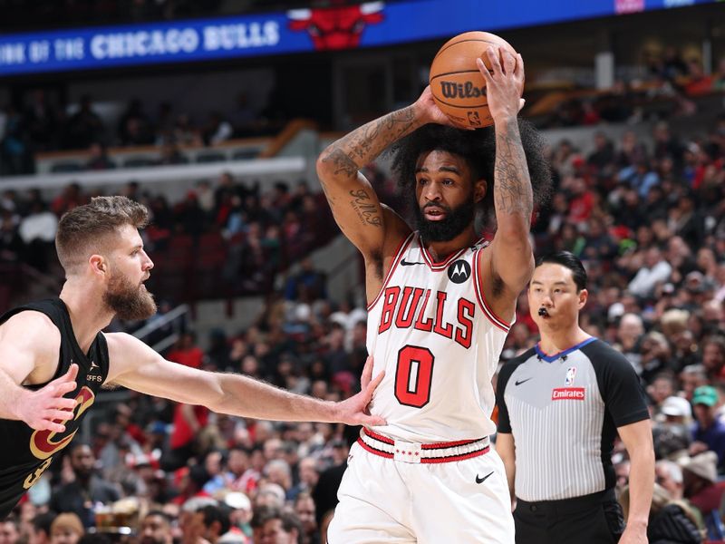 CHICAGO, IL - MARCH 4: Coby White #0 of the Chicago Bulls handles the ball during the game against the Cleveland Cavaliers on March 4, 2025 at United Center in Chicago, Illinois. NOTE TO USER: User expressly acknowledges and agrees that, by downloading and or using this photograph, User is consenting to the terms and conditions of the Getty Images License Agreement. Mandatory Copyright Notice: Copyright 2025 NBAE (Photo by Jeff Haynes/NBAE via Getty Images)