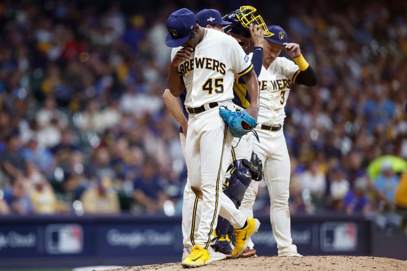 Oct 4, 2023; Milwaukee, Wisconsin, USA; Milwaukee Brewers relief pitcher Abner Uribe (45) leaves the mound in the sixth inning against the Arizona Diamondbacks during game two of the Wildcard series for the 2023 MLB playoffs at American Family Field. Mandatory Credit: Kamil Krzaczynski-USA TODAY Sports