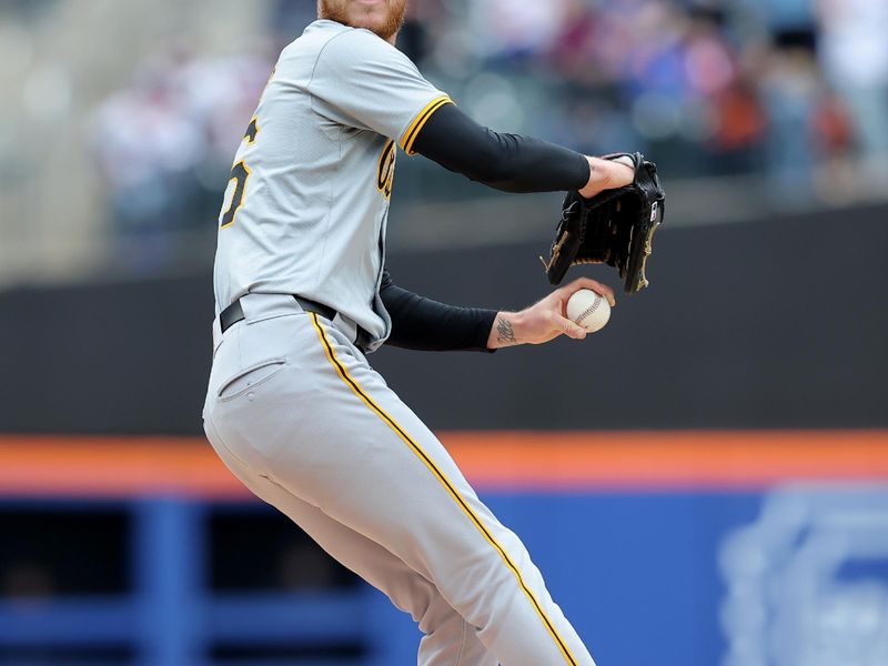 Apr 17, 2024; New York City, New York, USA; Pittsburgh Pirates starting pitcher Bailey Falter (26) pitches against the New York Mets during the first inning at Citi Field. Mandatory Credit: Brad Penner-USA TODAY Sports