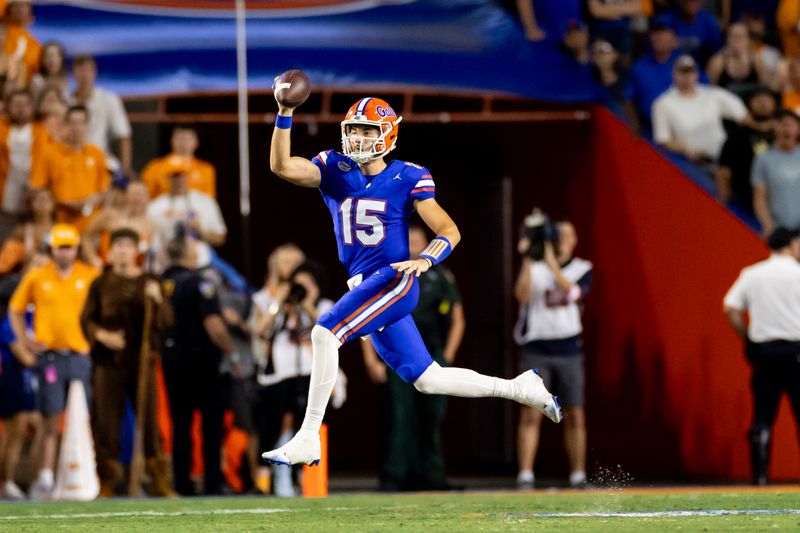 Sep 16, 2023; Gainesville, Florida, USA; Florida Gators quarterback Graham Mertz (15) fakes a pass during the first half against the Tennessee Volunteers at Ben Hill Griffin Stadium. Mandatory Credit: Matt Pendleton-USA TODAY Sports