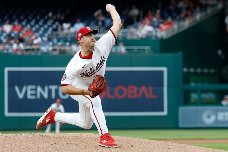 May 20, 2025; Washington, District of Columbia, USA; Washington Nationals starting pitcher Mitchell Parker (70) pitches against the Atlanta Braves during the first inning at Nationals Park. Mandatory Credit: Geoff Burke-Imagn Images