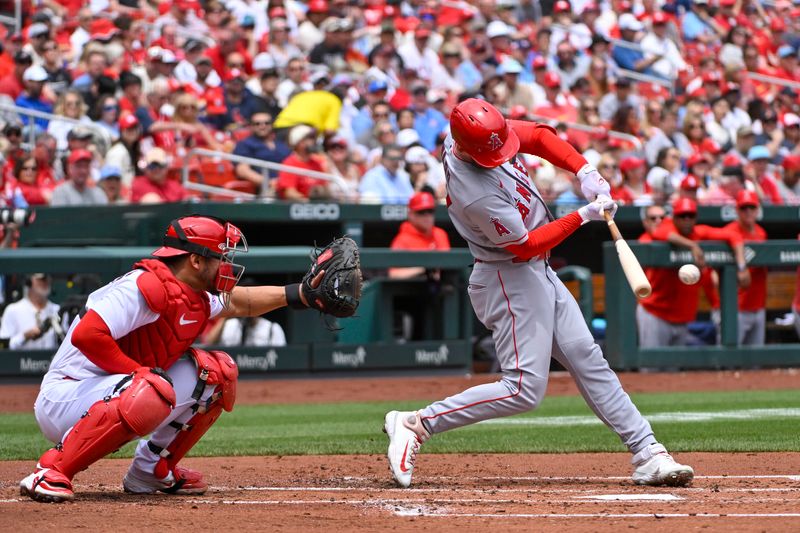 May 4, 2023; St. Louis, Missouri, USA;  Los Angeles Angels left fielder Taylor Ward (3) hits a single against the St. Louis Cardinals during the second inning at Busch Stadium. Mandatory Credit: Jeff Curry-USA TODAY Sports