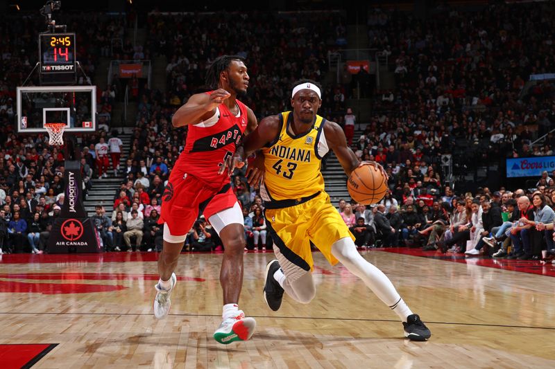 TORONTO, CANADA - FEBRUARY 14: Pascal Siakam #43 of the Indiana Pacers dribbles the ball during the game against the Toronto Raptors on February 14, 2024 at the Scotiabank Arena in Toronto, Ontario, Canada.  NOTE TO USER: User expressly acknowledges and agrees that, by downloading and or using this Photograph, user is consenting to the terms and conditions of the Getty Images License Agreement.  Mandatory Copyright Notice: Copyright 2024 NBAE (Photo by Vaughn Ridley/NBAE via Getty Images)