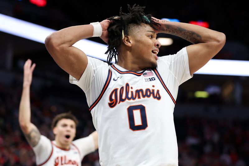 Mar 16, 2024; Minneapolis, MN, USA; Illinois Fighting Illini guard Terrence Shannon Jr. (0) reacts to a possession call during the second half against the Illinois Fighting Illini at Target Center. Mandatory Credit: Matt Krohn-USA TODAY Sports