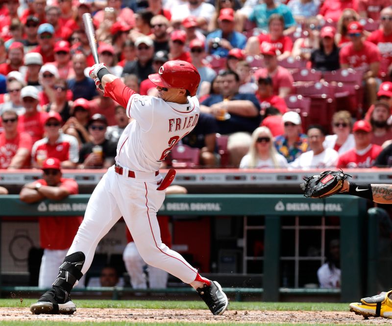 Jul 2, 2023; Cincinnati, Ohio, USA; Cincinnati Reds center fielder TJ Friedl (29) hits a double against the San Diego Padres during the third inning at Great American Ball Park. Mandatory Credit: David Kohl-USA TODAY Sports