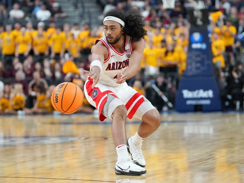 Mar 10, 2023; Las Vegas, NV, USA; Arizona Wildcats guard Kylan Boswell (4) plays against the Arizona State Sun Devils during the second half at T-Mobile Arena. Mandatory Credit: Stephen R. Sylvanie-USA TODAY Sports