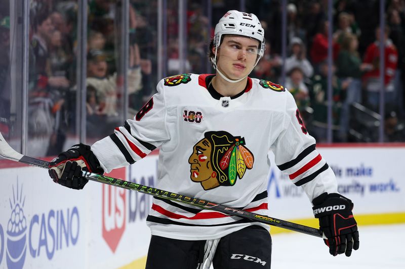 Jan 27, 2026; Saint Paul, Minnesota, USA; Chicago Blackhawks center Connor Bedard (98) reacts to his missed shootout shot against the Minnesota Wild at Grand Casino Arena. Mandatory Credit: Matt Krohn-Imagn Images