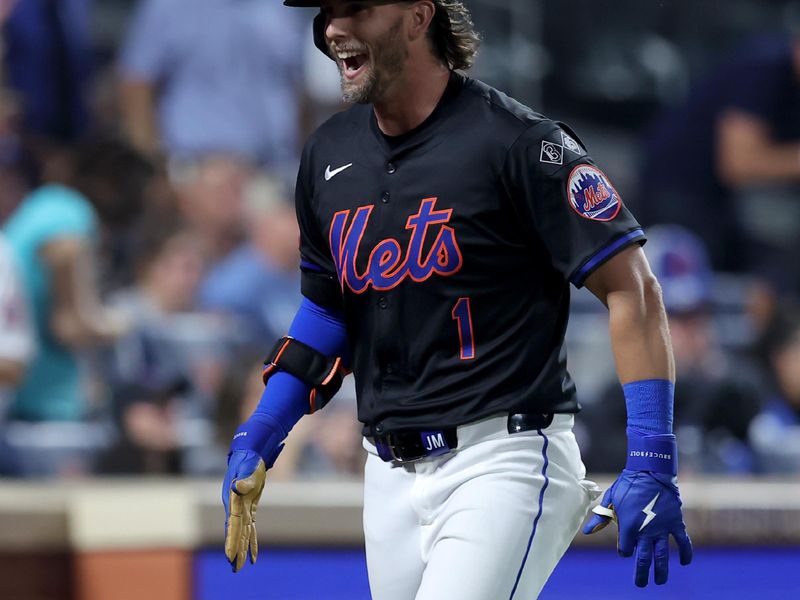 Aug 16, 2024; New York City, New York, USA; New York Mets second baseman Jeff McNeil (1) celebrates his two run home run against the Miami Marlins during the fourth inning at Citi Field. Mandatory Credit: Brad Penner-USA TODAY Sports