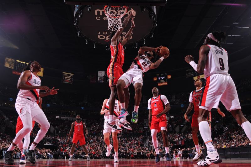 PORTLAND, OR - OCTOBER 27: Scoot Henderson #00 of the Portland Trail Blazers drives to the basket during the game against the New Orleans Pelicans on October 27, 2024 at the Moda Center Arena in Portland, Oregon. NOTE TO USER: User expressly acknowledges and agrees that, by downloading and or using this photograph, user is consenting to the terms and conditions of the Getty Images License Agreement. Mandatory Copyright Notice: Copyright 2024 NBAE (Photo by Cameron Browne/NBAE via Getty Images)