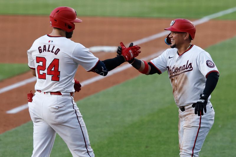 Jun 3, 2024; Washington, District of Columbia, USA; Washington Nationals first base Joey Gallo (24) celebrates with Washington Nationals second base Ildemaro Vargas (14) after hitting a two run home run against the New York Mets during the fourth inning at Nationals Park. Mandatory Credit: Geoff Burke-USA TODAY Sports