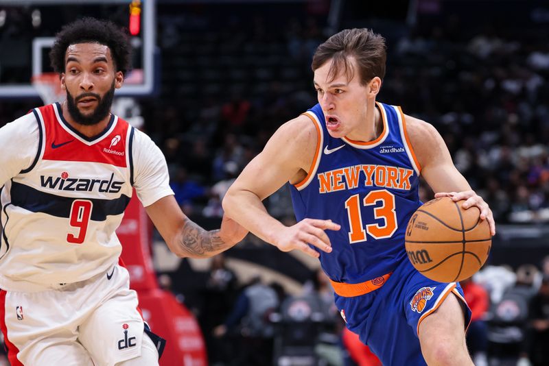 WASHINGTON, DC - OCTOBER 18: Tyler Kolek #13 of the New York Knicks goes to the basket against Justin Champagnie #9 of the Washington Wizards during the second half of the preseason game at Capital One Arena on October 18, 2024 in Washington, DC. NOTE TO USER: User expressly acknowledges and agrees that, by downloading and or using this photograph, User is consenting to the terms and conditions of the Getty Images License Agreement. (Photo by Scott Taetsch/Getty Images)