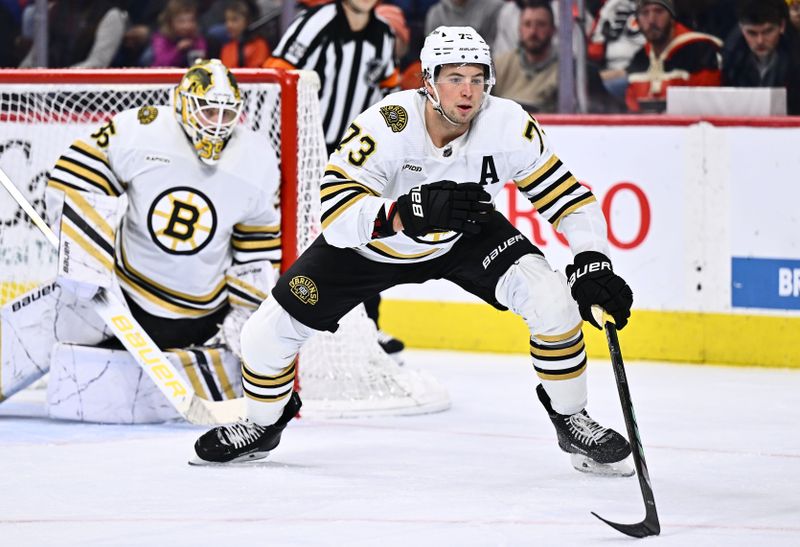 Jan 27, 2024; Philadelphia, Pennsylvania, USA; Boston Bruins defenseman Charlie McAvoy (73) in action against the Philadelphia Flyers in the second period at Wells Fargo Center. Mandatory Credit: Kyle Ross-USA TODAY Sports