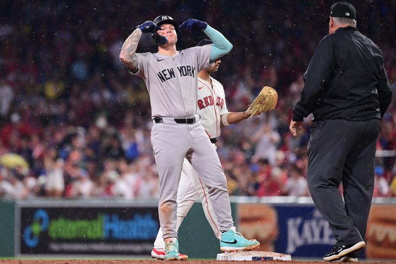 Jul 28, 2024; Boston, Massachusetts, USA; New York Yankees right fielder Alex Verdugo (24) reacts to hitting a double against the Boston Red Sox during the seventh inning at Fenway Park. Mandatory Credit: Eric Canha-USA TODAY Sports