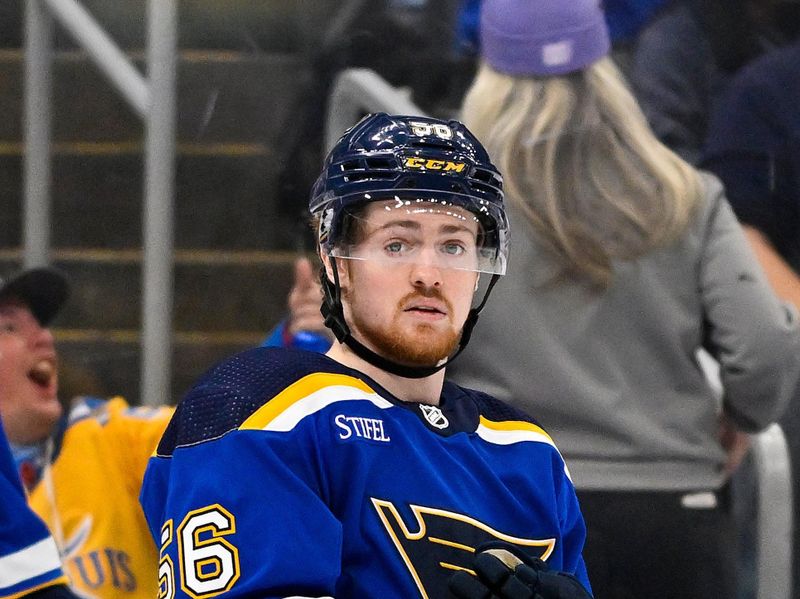 Dec 12, 2023; St. Louis, Missouri, USA;  St. Louis Blues left wing Hugh McGing (56) in action against the Detroit Red Wings during the second period at Enterprise Center. Mandatory Credit: Jeff Curry-USA TODAY Sports