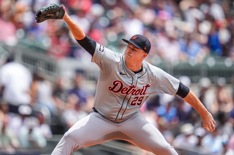 Jun 19, 2024; Cumberland, Georgia, USA; Detroit Tigers starting pitcher Tarik Skubal (29) pitches against the Atlanta Braves during the second inning at Truist Park. Mandatory Credit: Dale Zanine-USA TODAY Sports